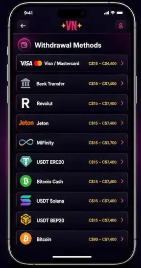 Vegasnow Mobile - Starting a Withdrawal